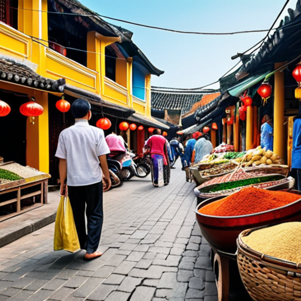 **

"A vibrant Hoi An traditional market scene, captured in a realistic style. Focus on the colorful architecture, the bustling crowds, and the aromatic blend of spices and local delicacies. Capture the essence of Vietnamese culture with intricate details and lively atmosphere. Consider the style of a travel photograph."

**