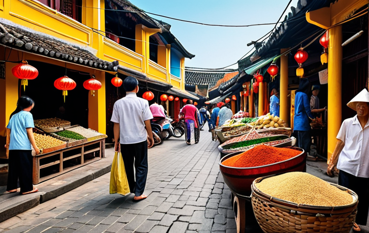 **

"A vibrant Hoi An traditional market scene, captured in a realistic style. Focus on the colorful architecture, the bustling crowds, and the aromatic blend of spices and local delicacies. Capture the essence of Vietnamese culture with intricate details and lively atmosphere. Consider the style of a travel photograph."

**